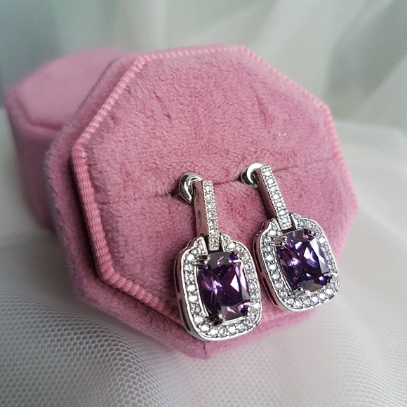 Swarovski Elements Amethyst Purple Emerald-cut Halo Earrings NEW - Picture 4 of 14